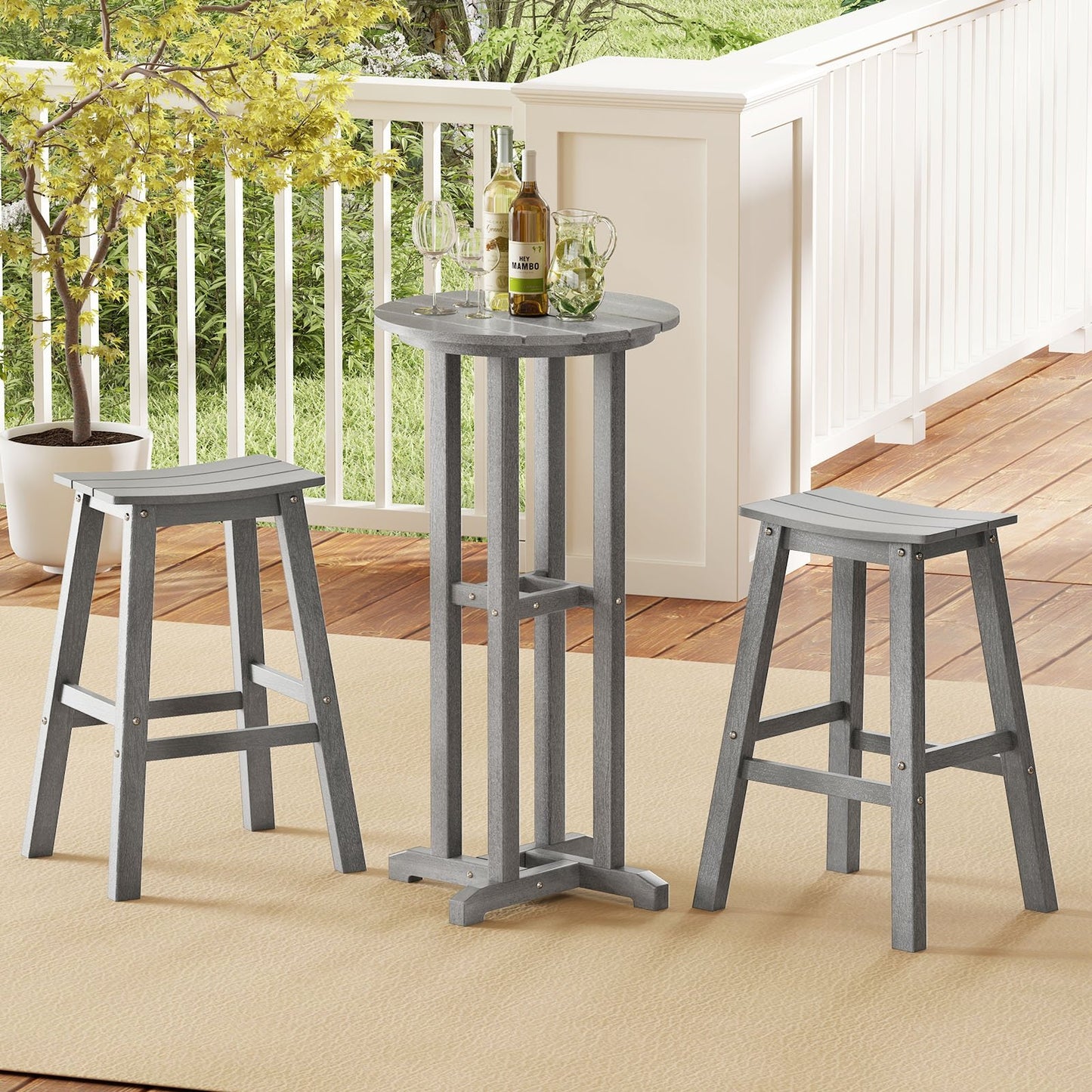 21.5 Inch Round Bar Table Patio HDPE Bar Height Dining Table with Slatted Tabletop-Black