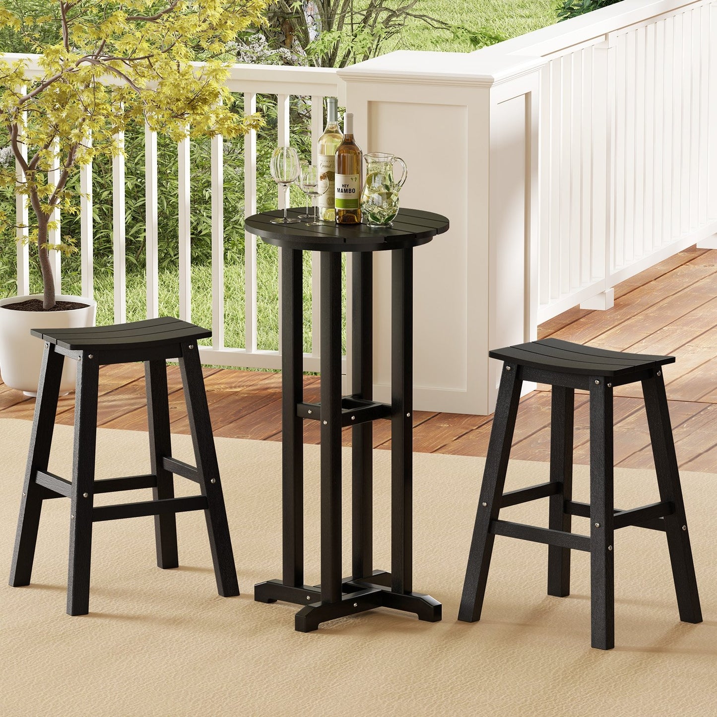 21.5 Inch Round Bar Table Patio HDPE Bar Height Dining Table with Slatted Tabletop-Black