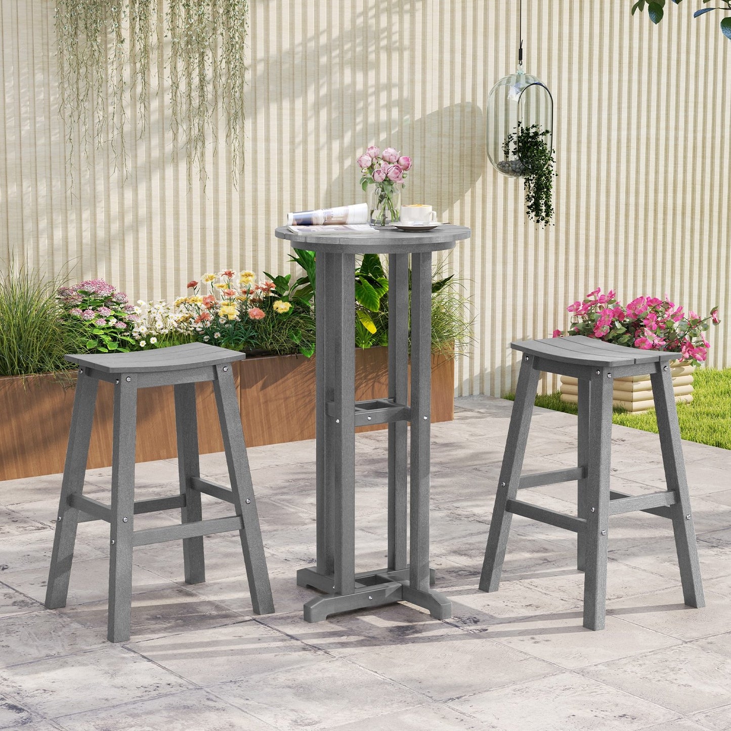 29 Inch HDPE Patio Bar Stool Set of 2 Armless Saddle Stools-Black