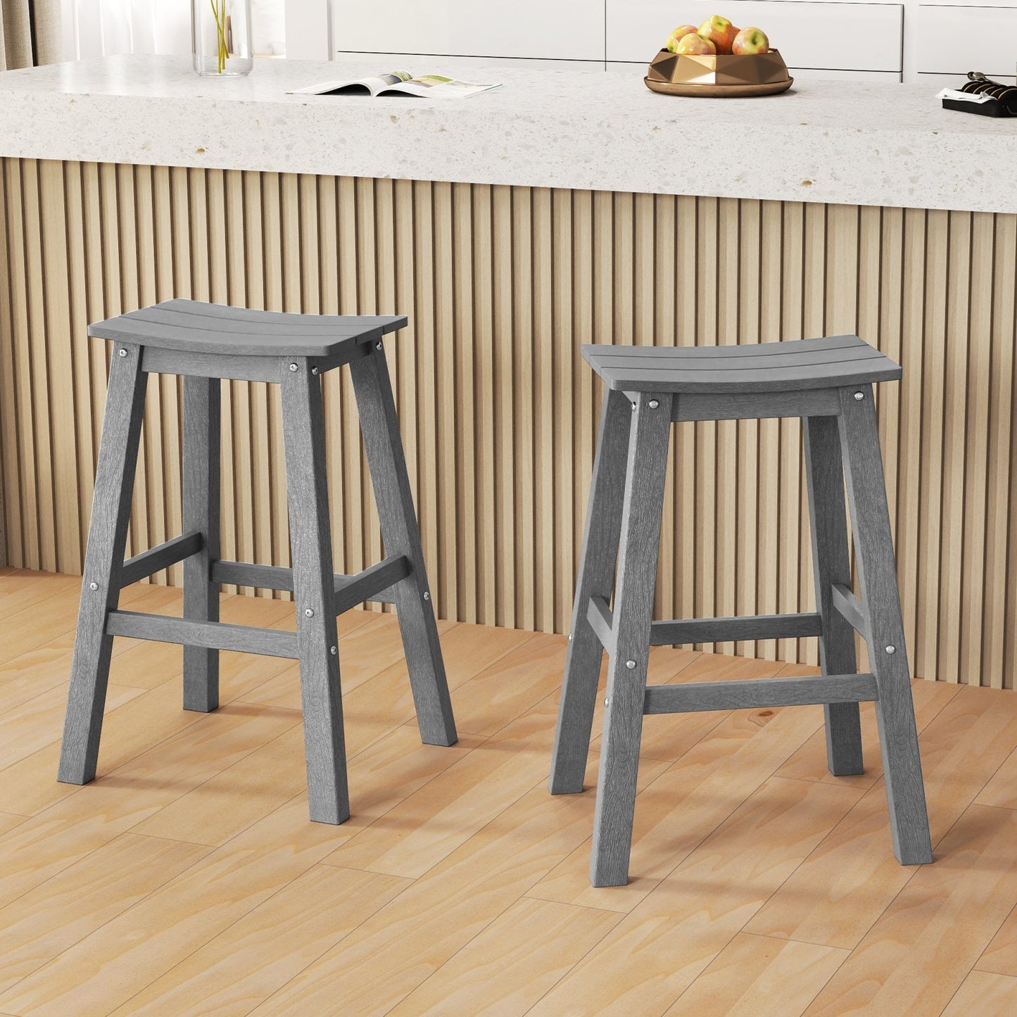 29 Inch HDPE Patio Bar Stool Set of 2 Armless Saddle Stools-Black