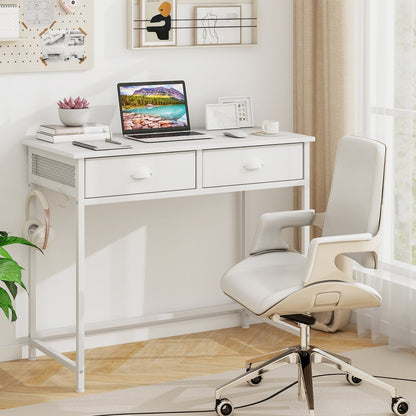 Space Saving Home Office Desk with 2 Fabric Drawers and 4 Hanging Hooks-Rustic Brown