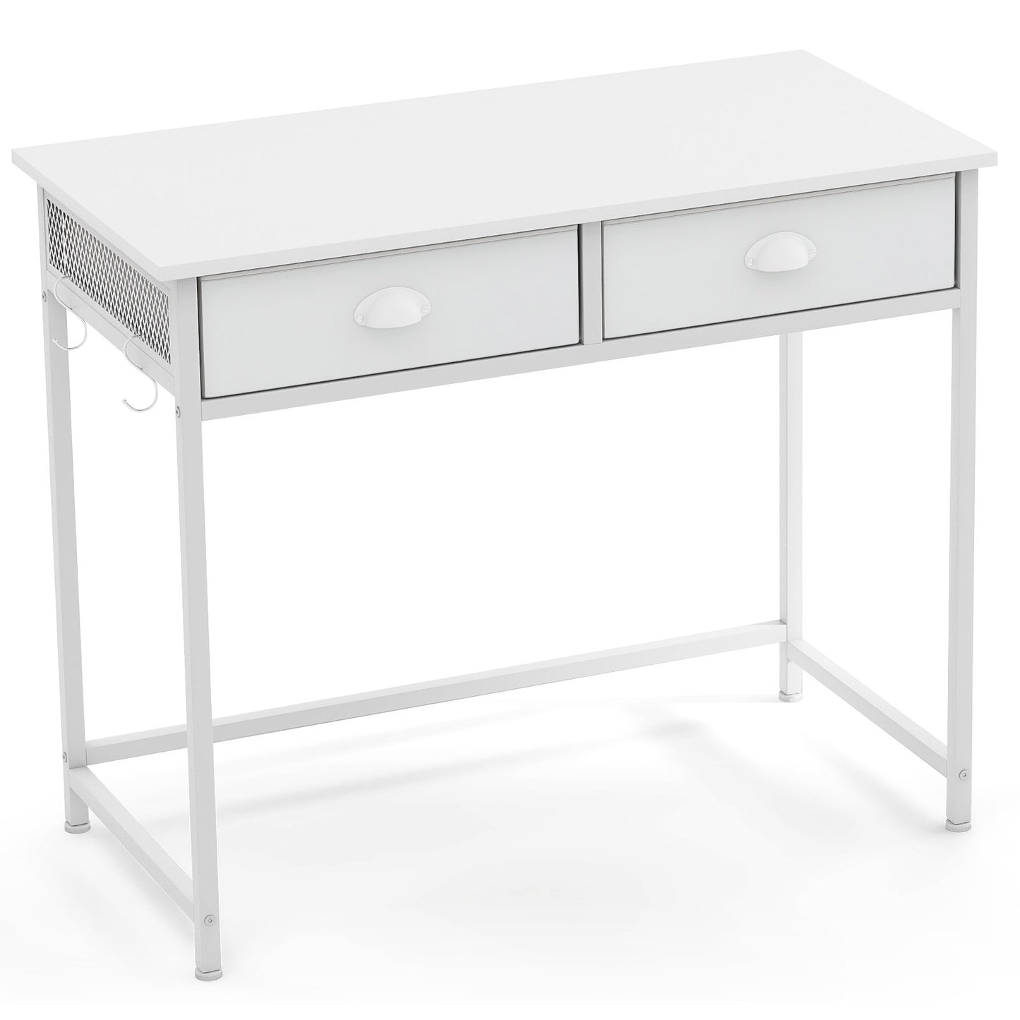 Space Saving Home Office Desk with 2 Fabric Drawers and 4 Hanging Hooks-Rustic Brown