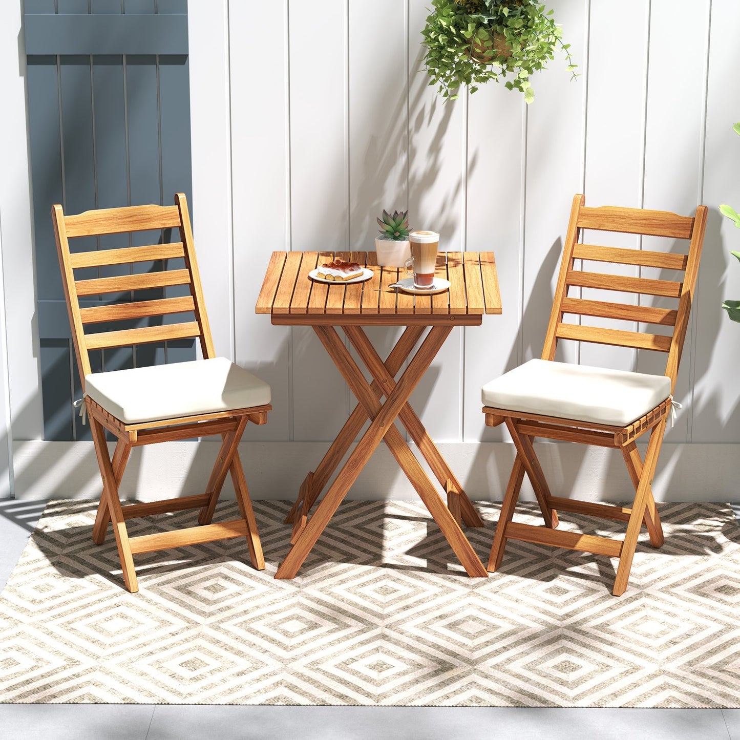 Folding Chair Table Set with Soft Seat Cushions and Table-White