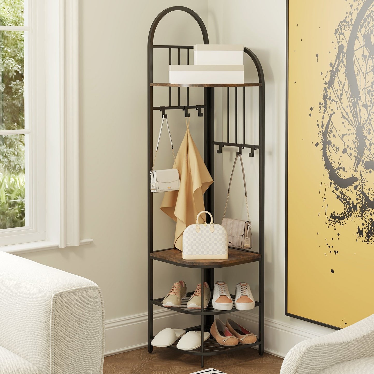 4-Tier Coat Rack Corner Hall Tree with Shoe Storage Bench-Natural