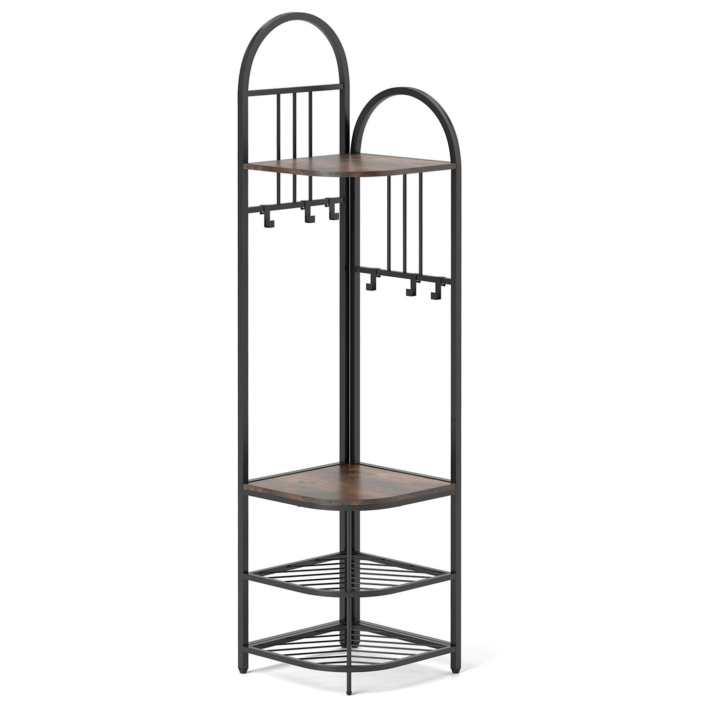4-Tier Coat Rack Corner Hall Tree with Shoe Storage Bench-Natural