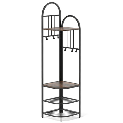 4-Tier Coat Rack Corner Hall Tree with Shoe Storage Bench-Natural