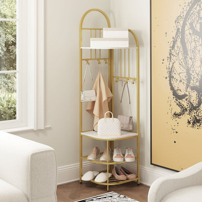 4-Tier Coat Rack Corner Hall Tree with Shoe Storage Bench-Natural