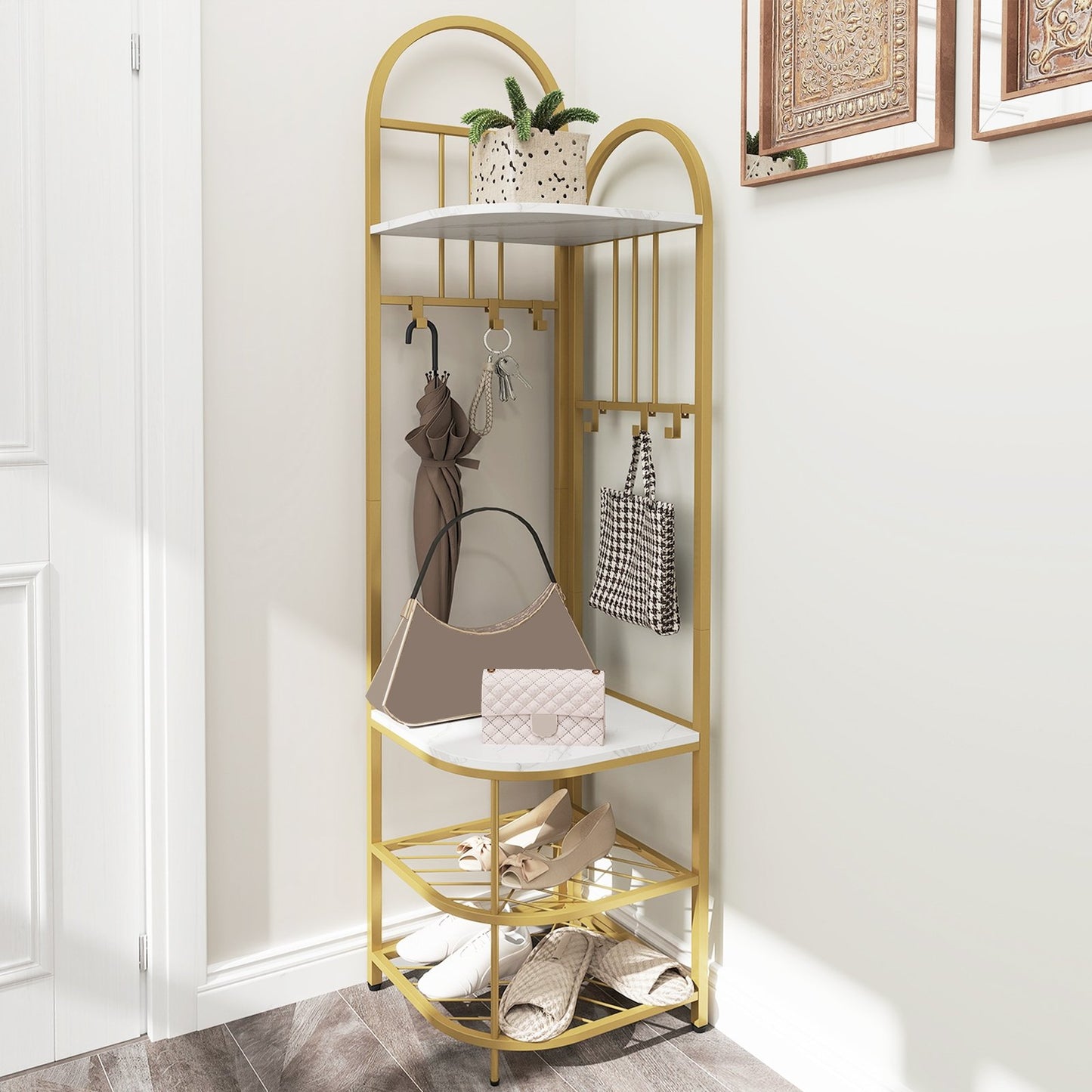 4-Tier Coat Rack Corner Hall Tree with Shoe Storage Bench-Natural
