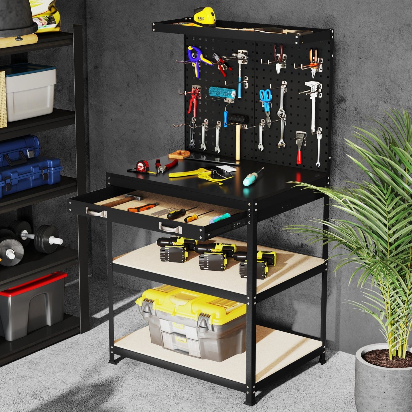 32 x 16 Inch Workbench Work Table with 2 PCs Pegboard Drawer and Shelves-Black