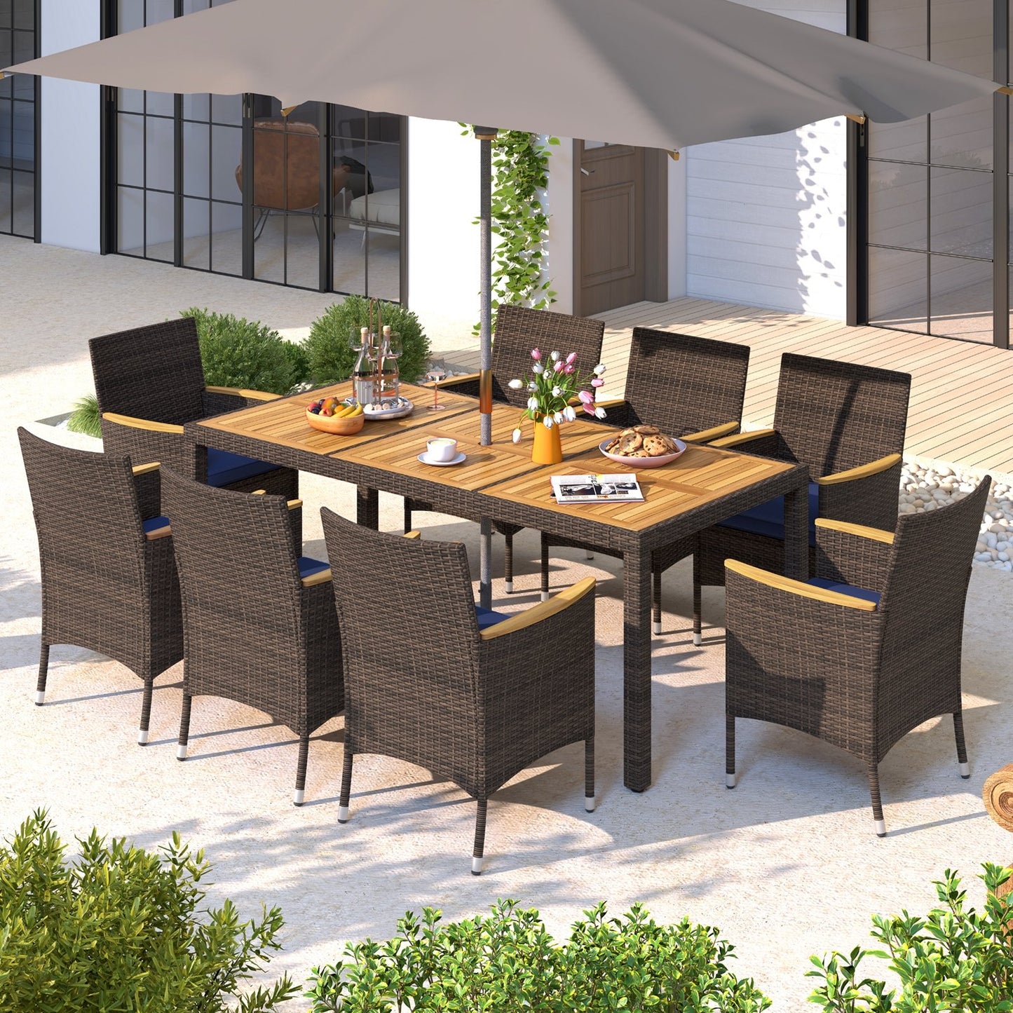 9 Piece Outdoor Dining Set with Acacia Wood Table Top-Beige
