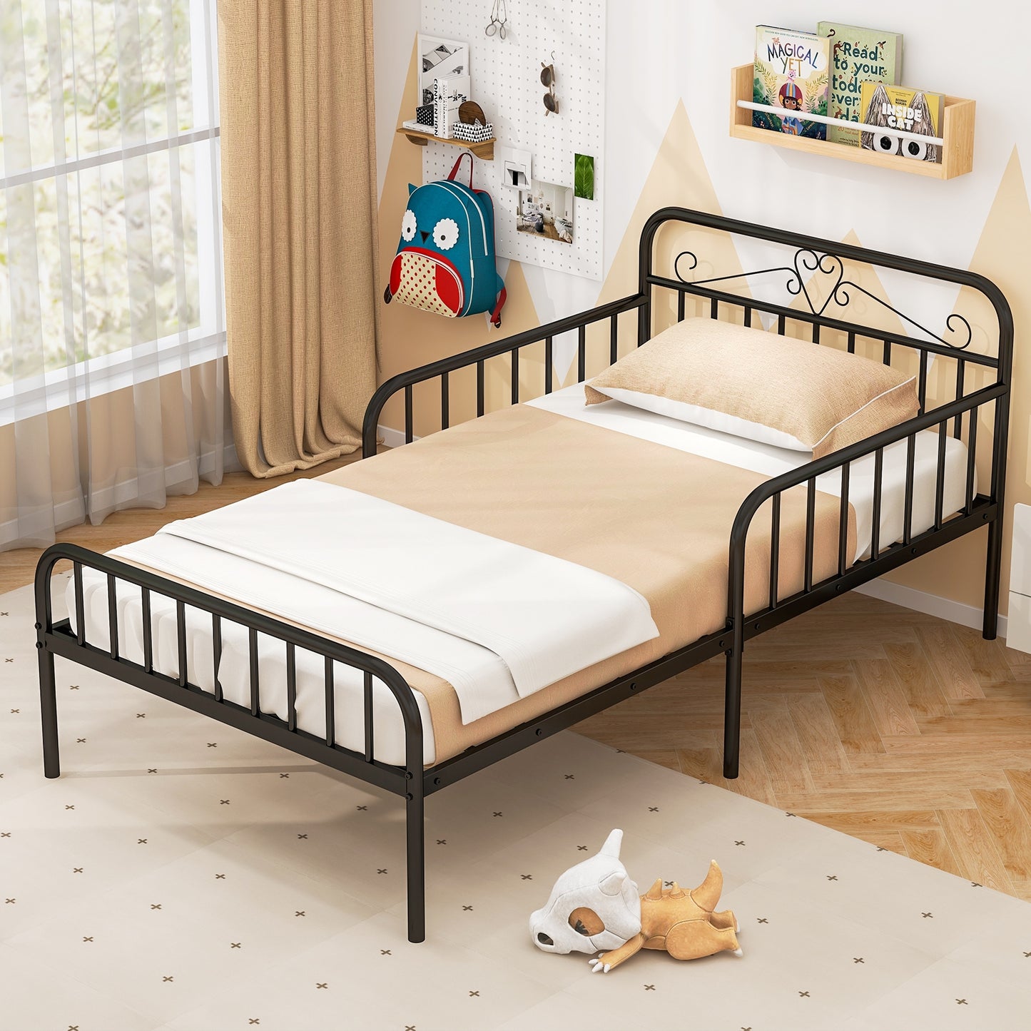 Twin Size Bed Frame with Headboard and Safety Side Guardrails-Black