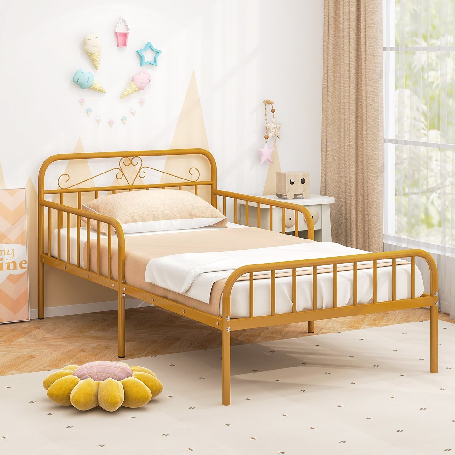 Twin Size Bed Frame with Headboard and Safety Side Guardrails-Black