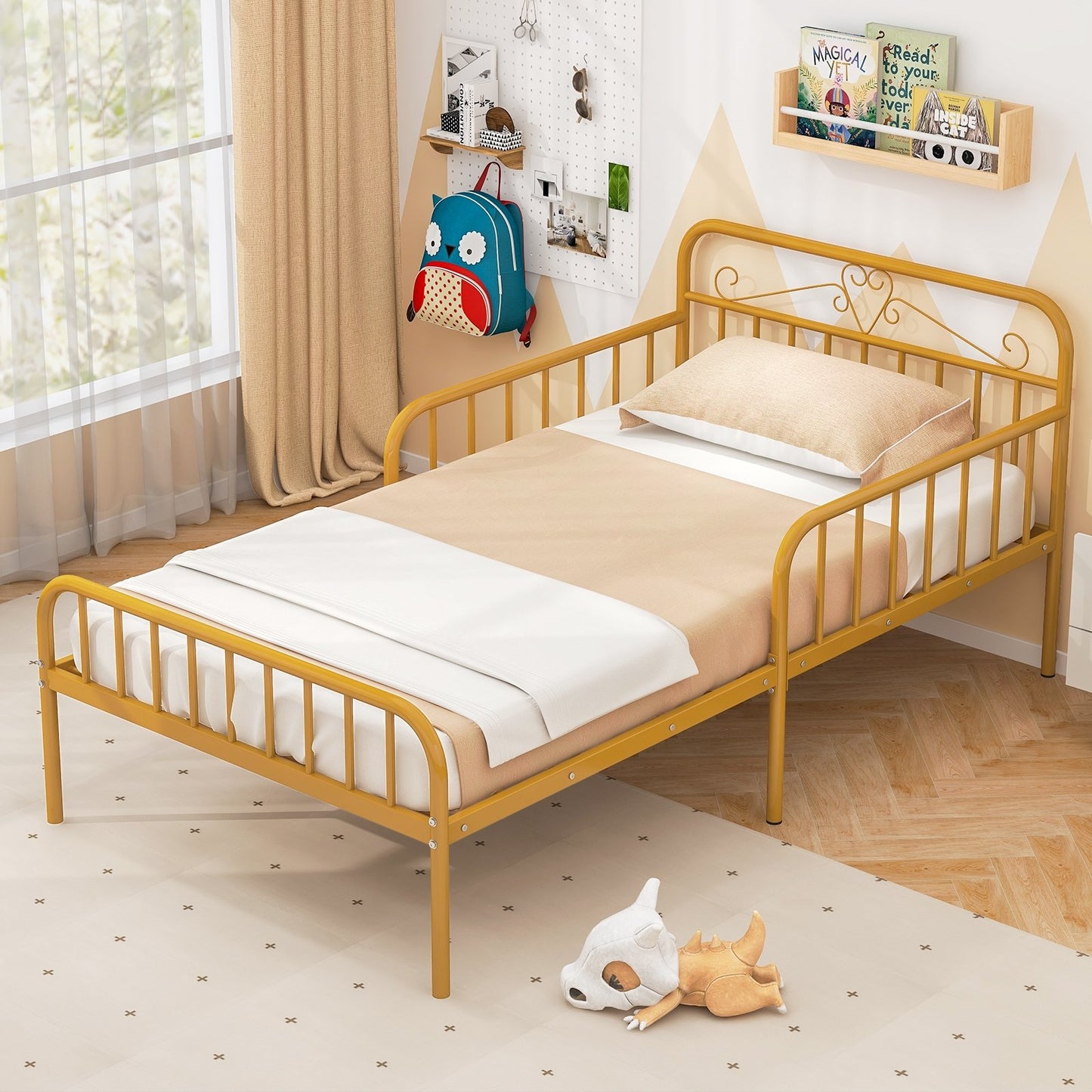 Twin Size Bed Frame with Headboard and Safety Side Guardrails-Black