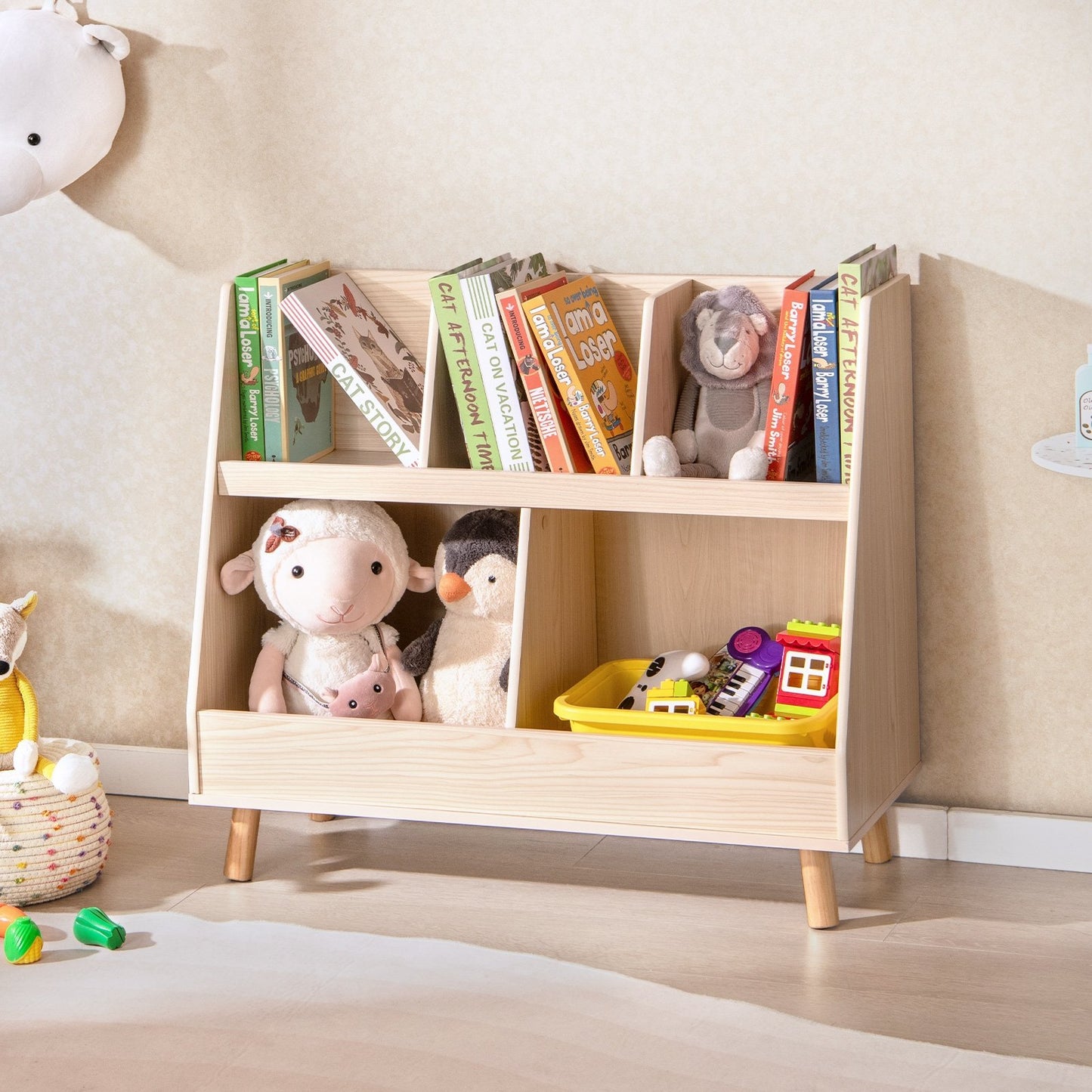 5-Cube Kids Bookshelf and Toy Organizer with Anti-Tipping Kits-Natural