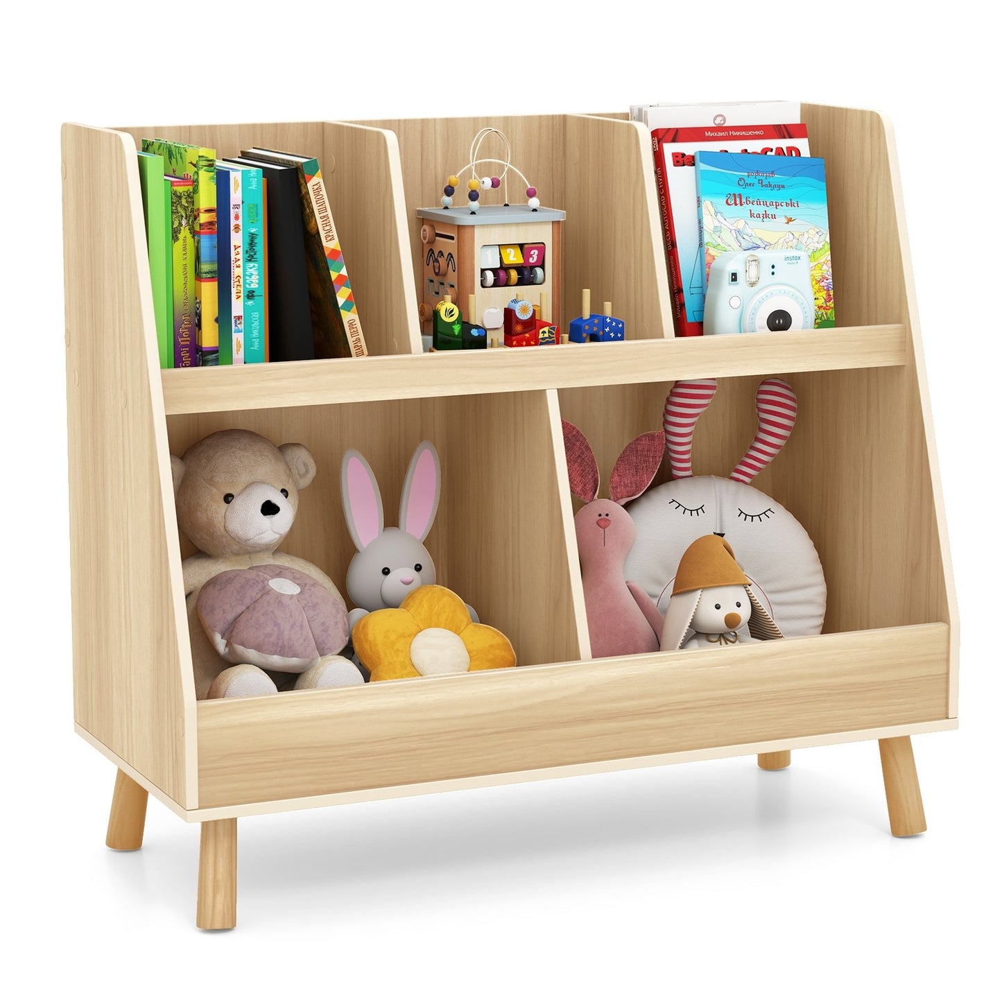 5-Cube Kids Bookshelf and Toy Organizer with Anti-Tipping Kits-Natural