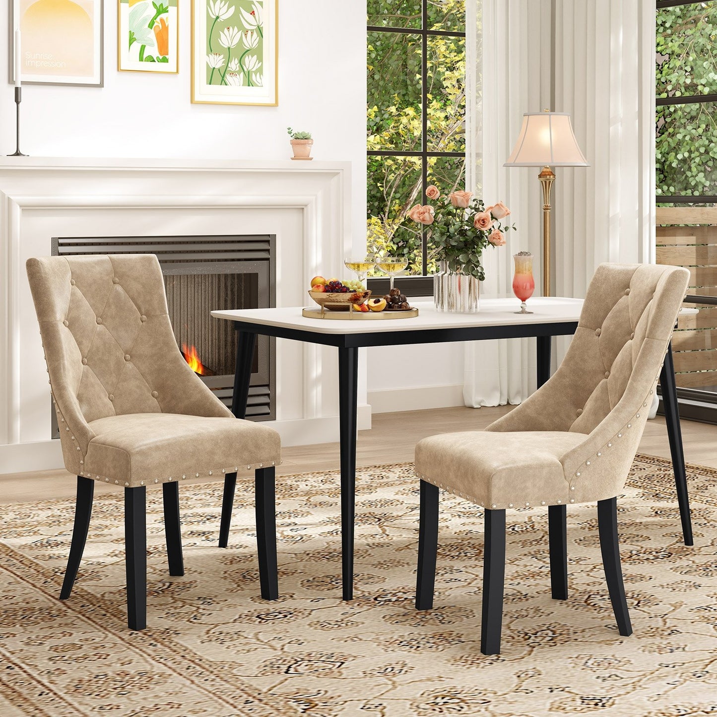 Tufted Wingback Upholstered Dining Chairs Set of 2-Light Brown