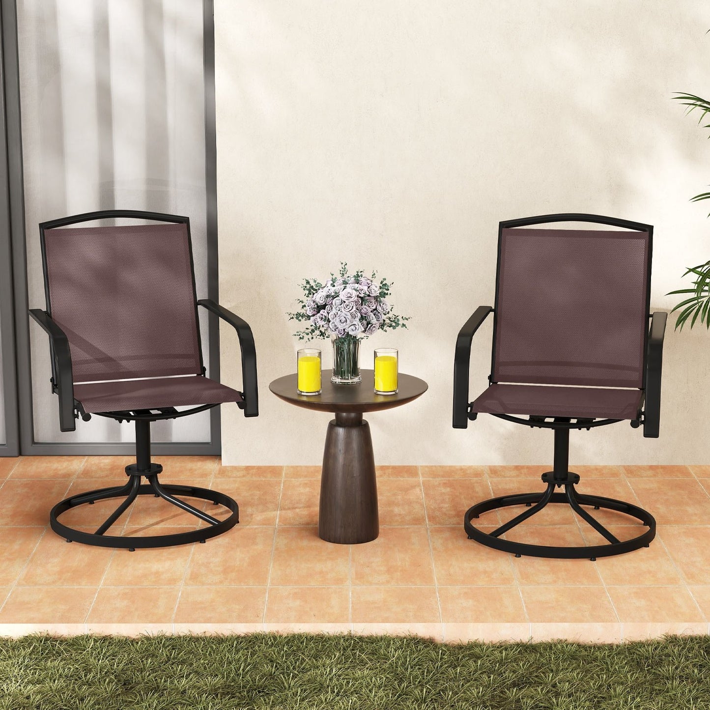 Outdoor Swivel Chairs Set of 2 with High Back and Breathable Seat-Coffee