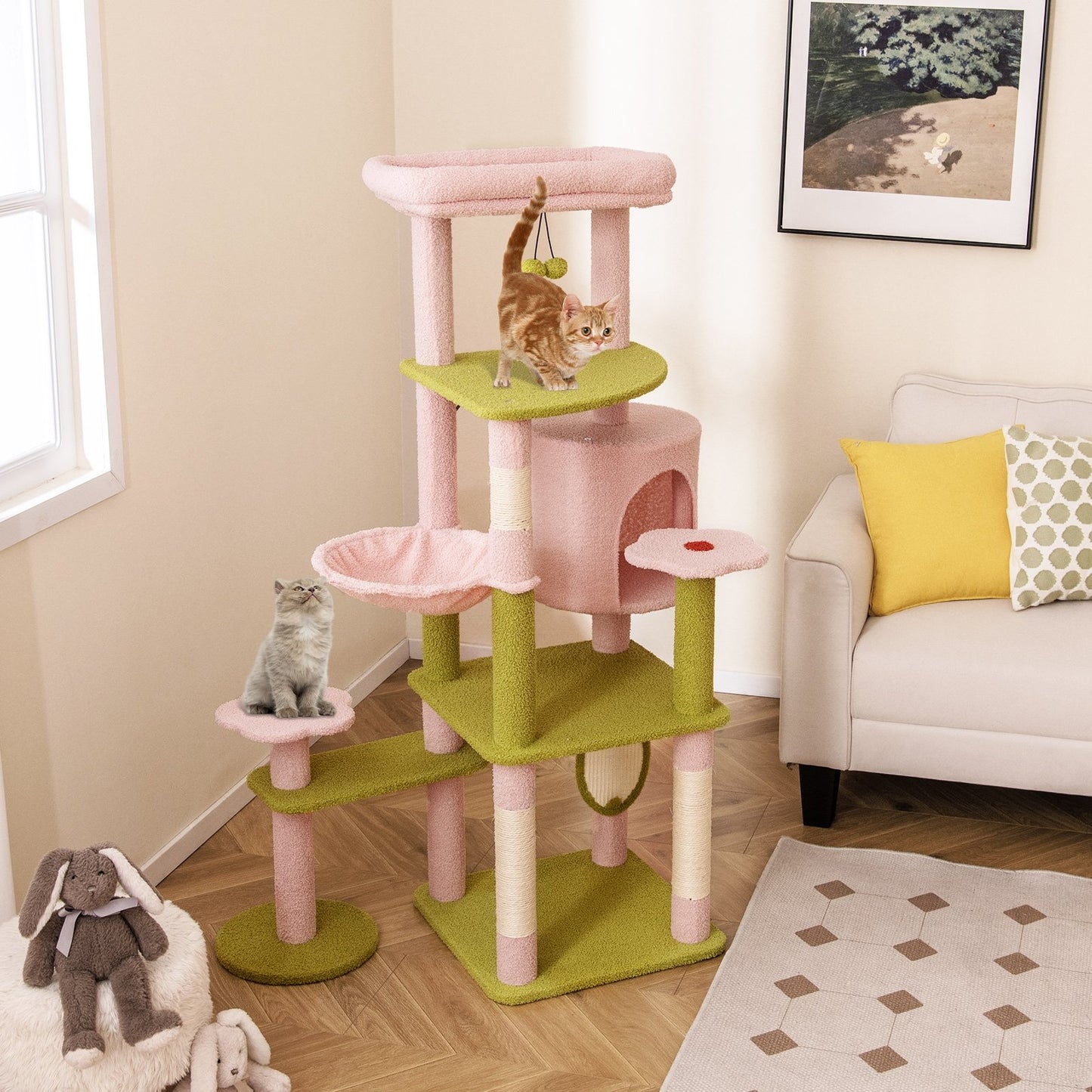 58 Inch Tall Multi-Level Cat Tree Aesthetic Floral Kitten Tower-Pink