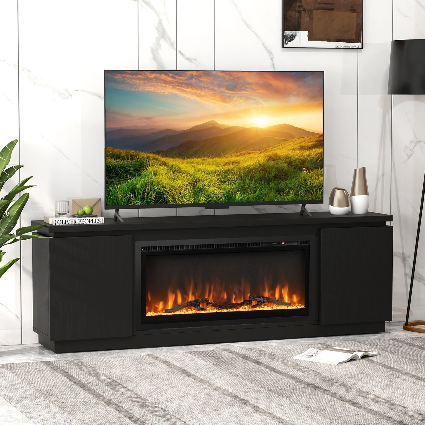 Fireplace TV Stand for TVs up to 80 Inch with 3 Adjustable Shelves-Black