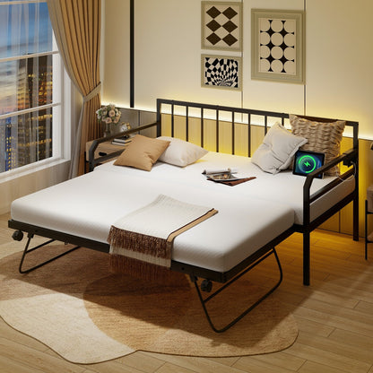 Adjustable Metal Twin Size Daybed with Charging Station and LED Light-Black