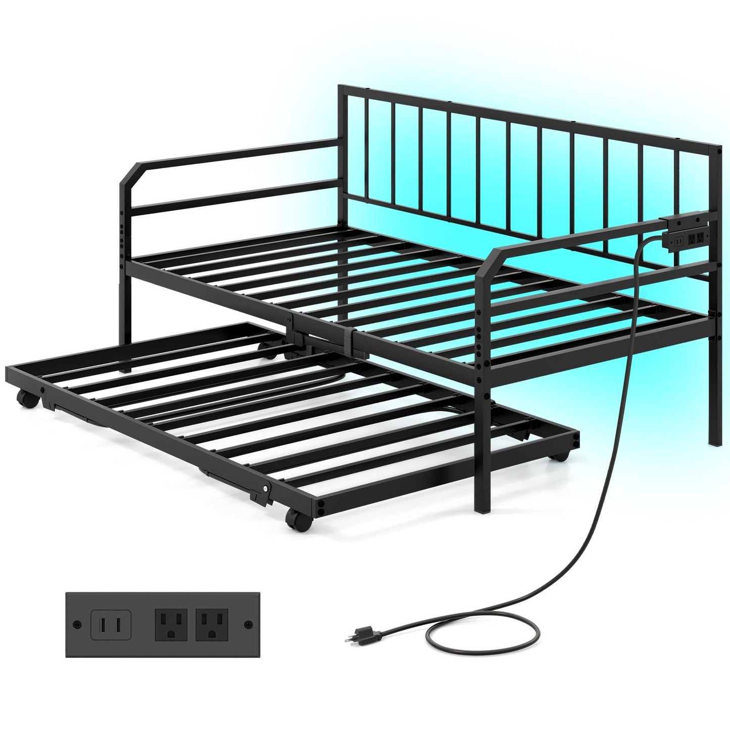 Adjustable Metal Twin Size Daybed with Charging Station and LED Light-Black