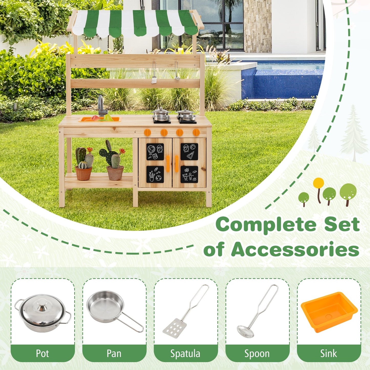 Mud Kitchen Fir Wood Play Kitchen with Canopy and Sink and 4 Stoves-Natural