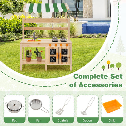 Mud Kitchen Fir Wood Play Kitchen with Canopy and Sink and 4 Stoves-Natural
