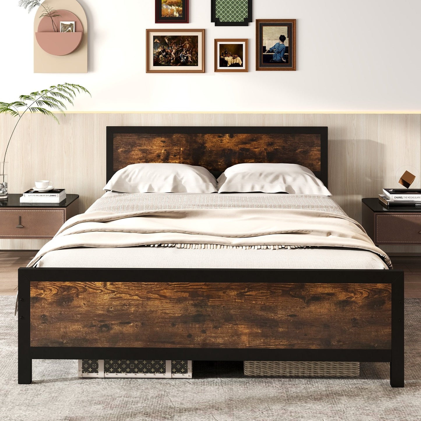 Metal Bed Frame with Headboard and Footboard-Queen Size