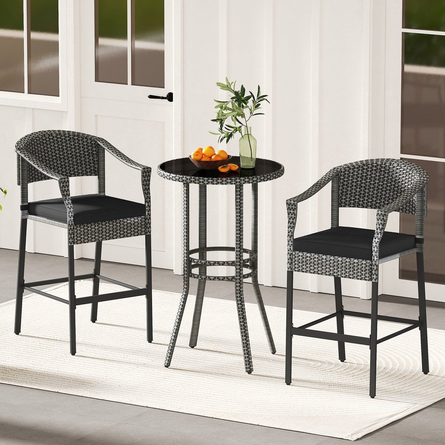 3-Piece Patio Rattan Bar Set with Tempered Glass Top for Backyard Poolside-Brown
