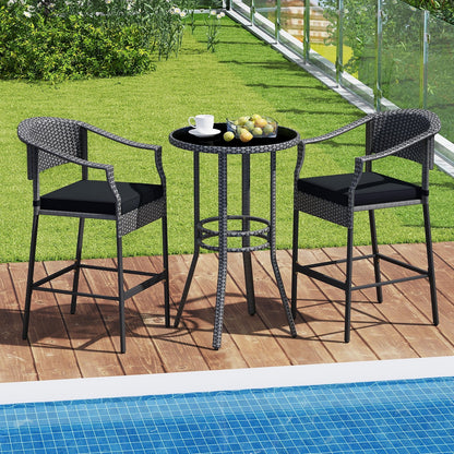 3-Piece Patio Rattan Bar Set with Tempered Glass Top for Backyard Poolside-Brown