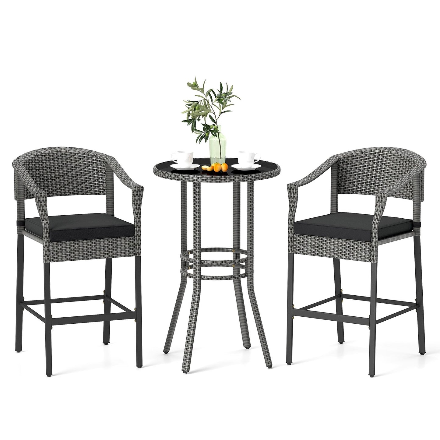 3-Piece Patio Rattan Bar Set with Tempered Glass Top for Backyard Poolside-Brown