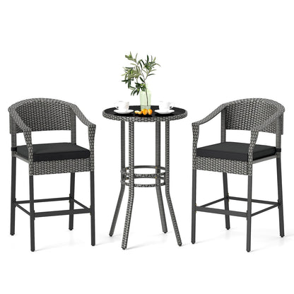 3-Piece Patio Rattan Bar Set with Tempered Glass Top for Backyard Poolside-Brown