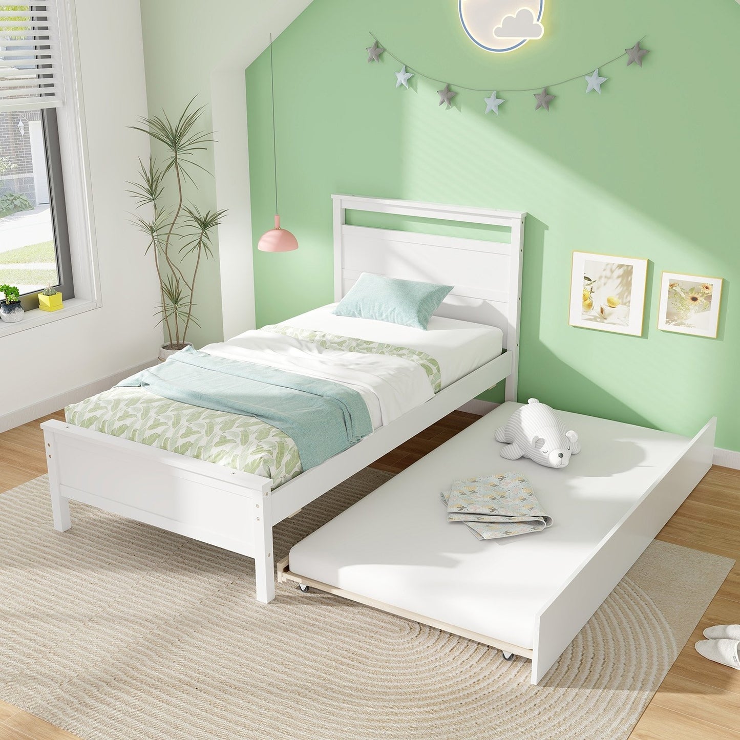 Twin Size Wooden Bed Frame with Trundle for Teens and Adults-Gray