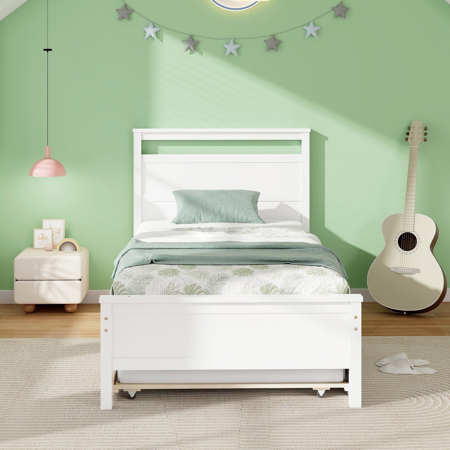 Twin Size Wooden Bed Frame with Trundle for Teens and Adults-Gray