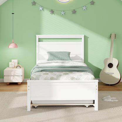 Twin Size Wooden Bed Frame with Trundle for Teens and Adults-Gray