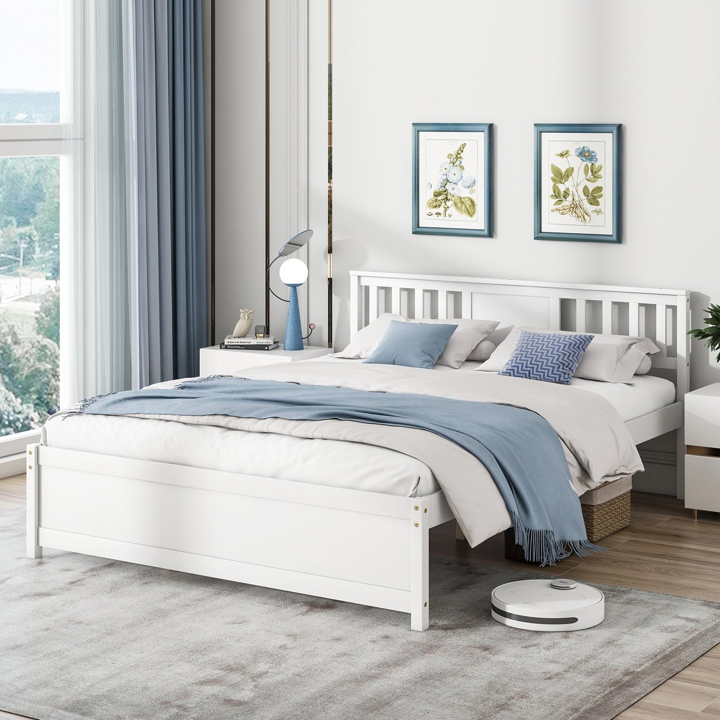 Wooden Platform Bed with Headboard and Wood Slat Support White-Twin Size