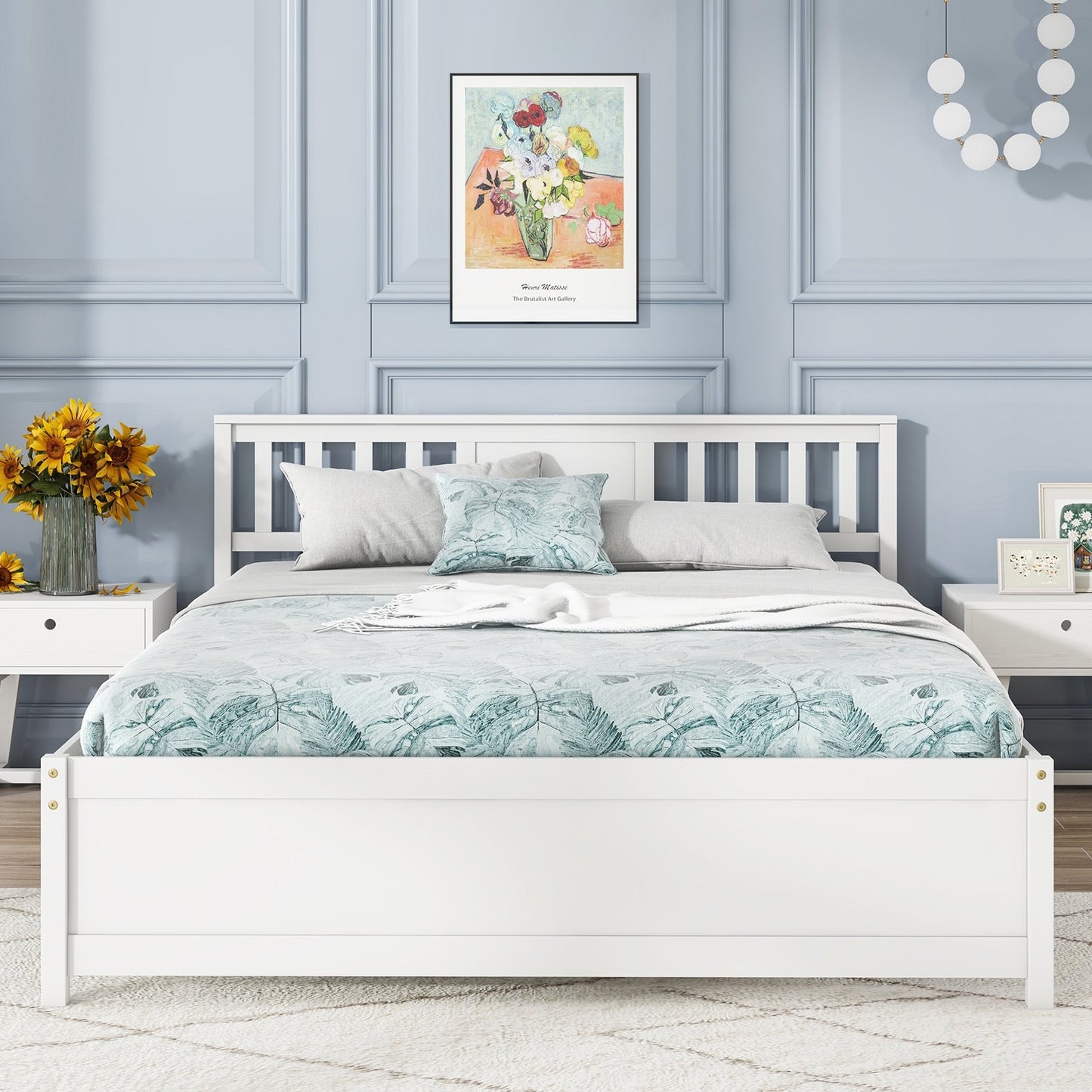 Wooden Platform Bed with Headboard and Wood Slat Support White-Twin Size