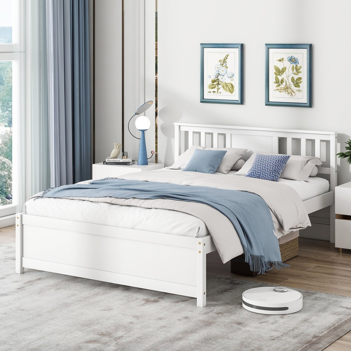 Wooden Platform Bed with Headboard and Wood Slat Support White-Twin Size
