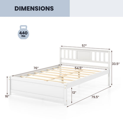 Wooden Platform Bed with Headboard and Wood Slat Support White-Full Size