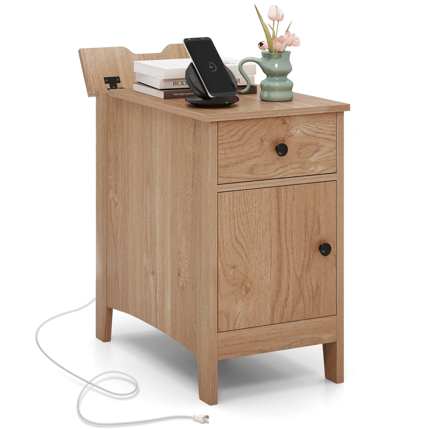 Flip Top End Table with Charging Station USB Ports Outlets and Drawer-Natural