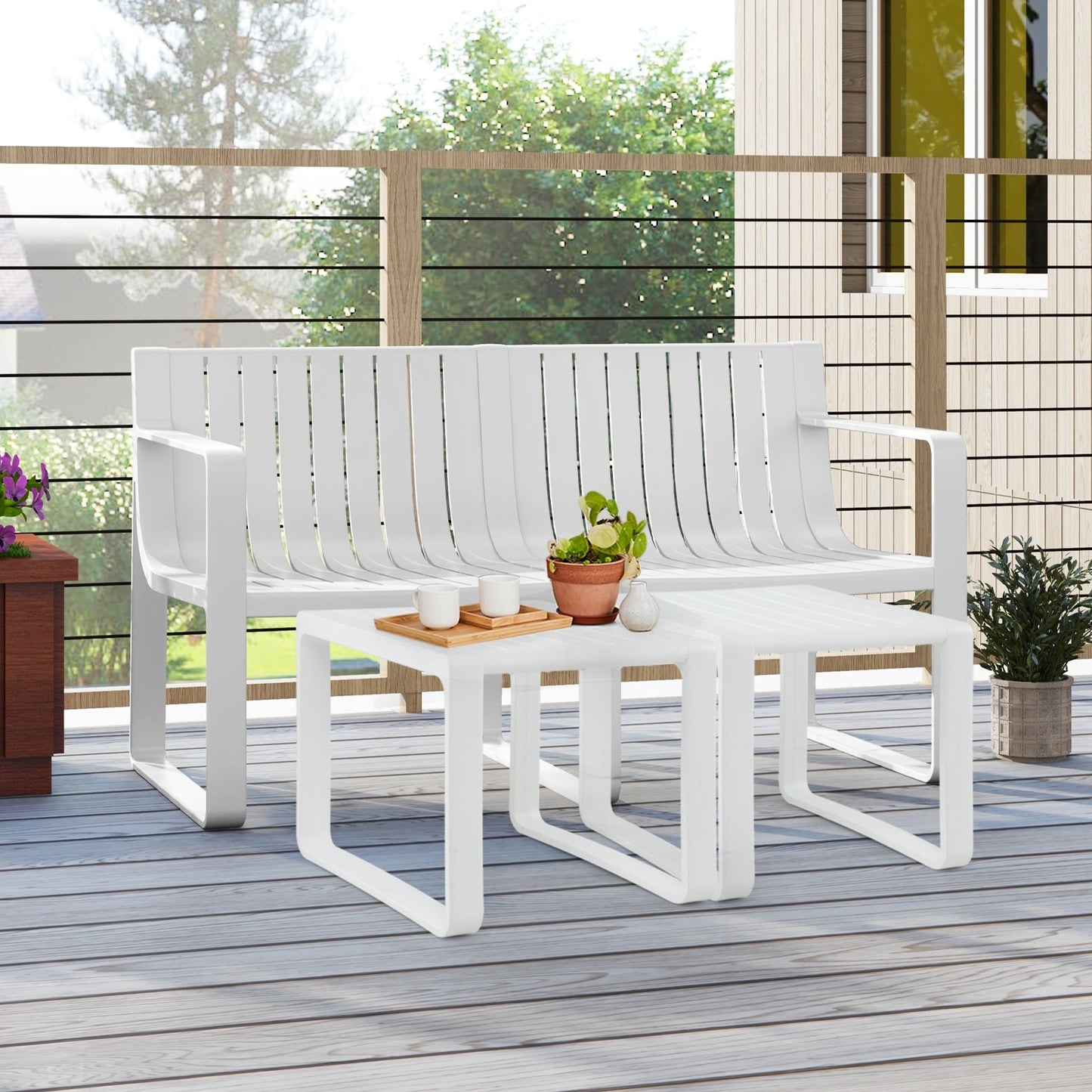 Weather-resistant Plastic 2-Person Bench with Curved Backrest-Blue