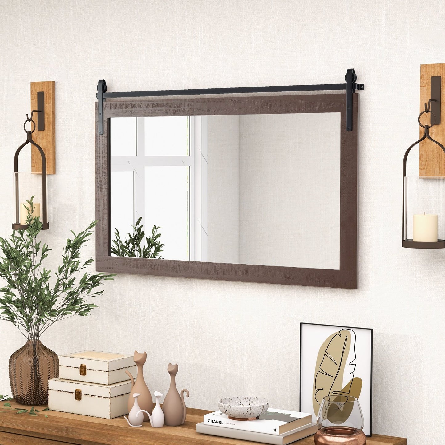Rectangle Barn Door Style Wall Mounted Mirror with Solid Wood Frame-Black