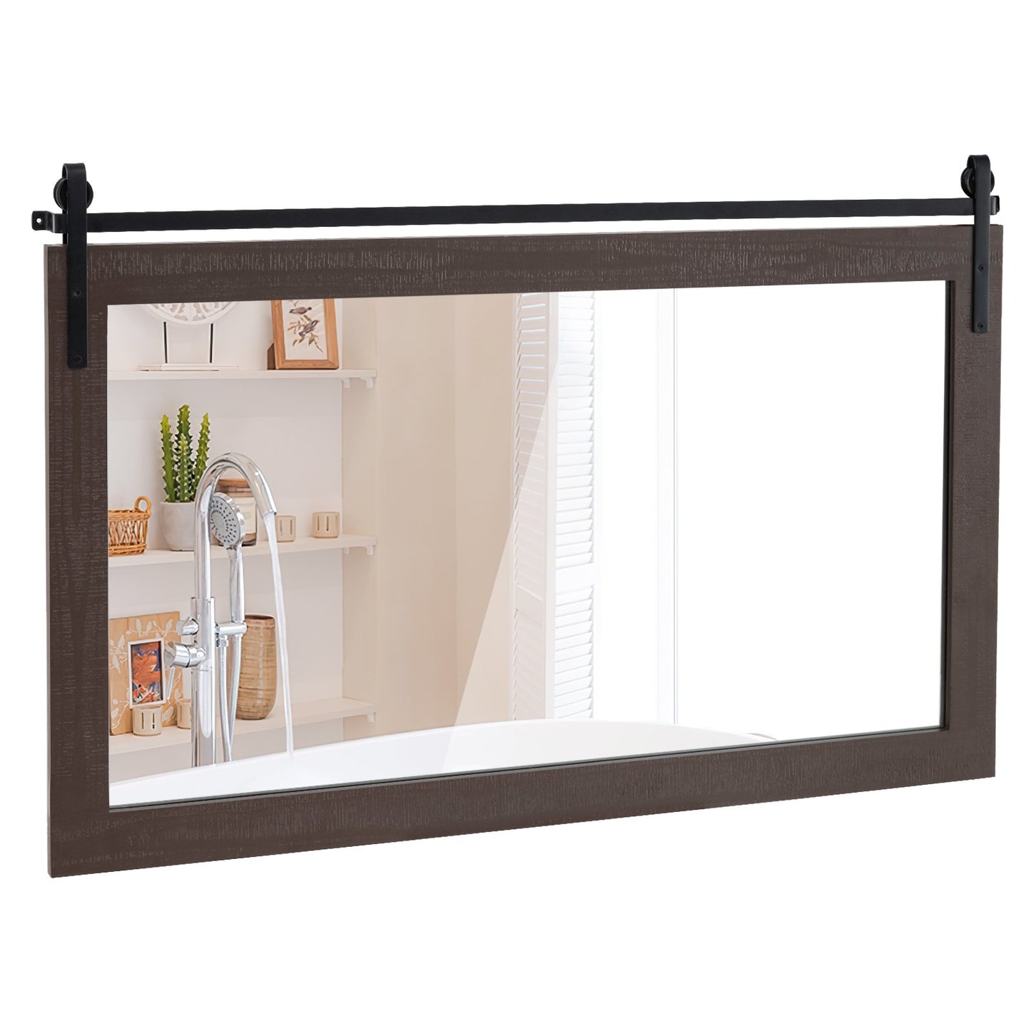 Rectangle Barn Door Style Wall Mounted Mirror with Solid Wood Frame-Black