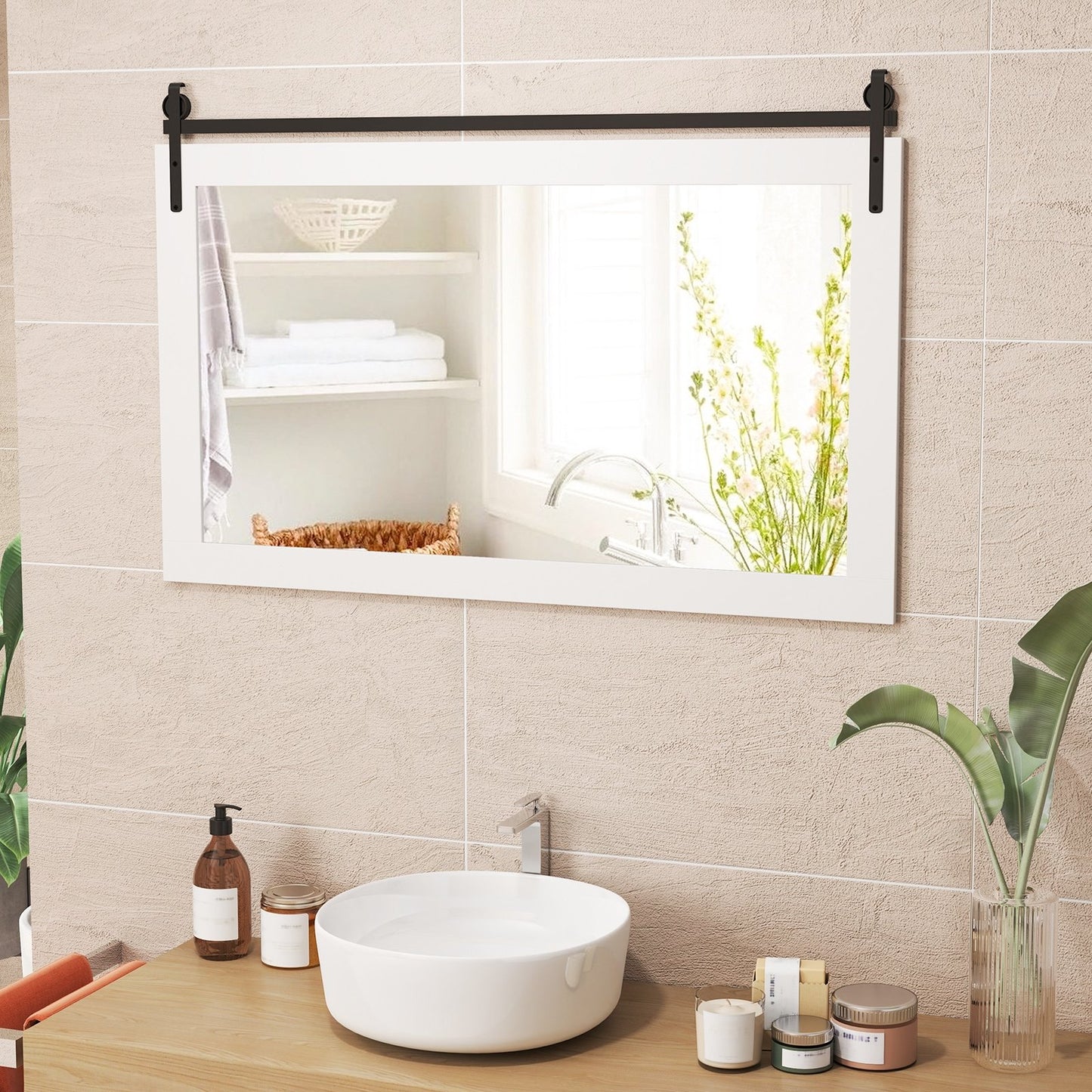 Rectangle Barn Door Style Wall Mounted Mirror with Solid Wood Frame-Black