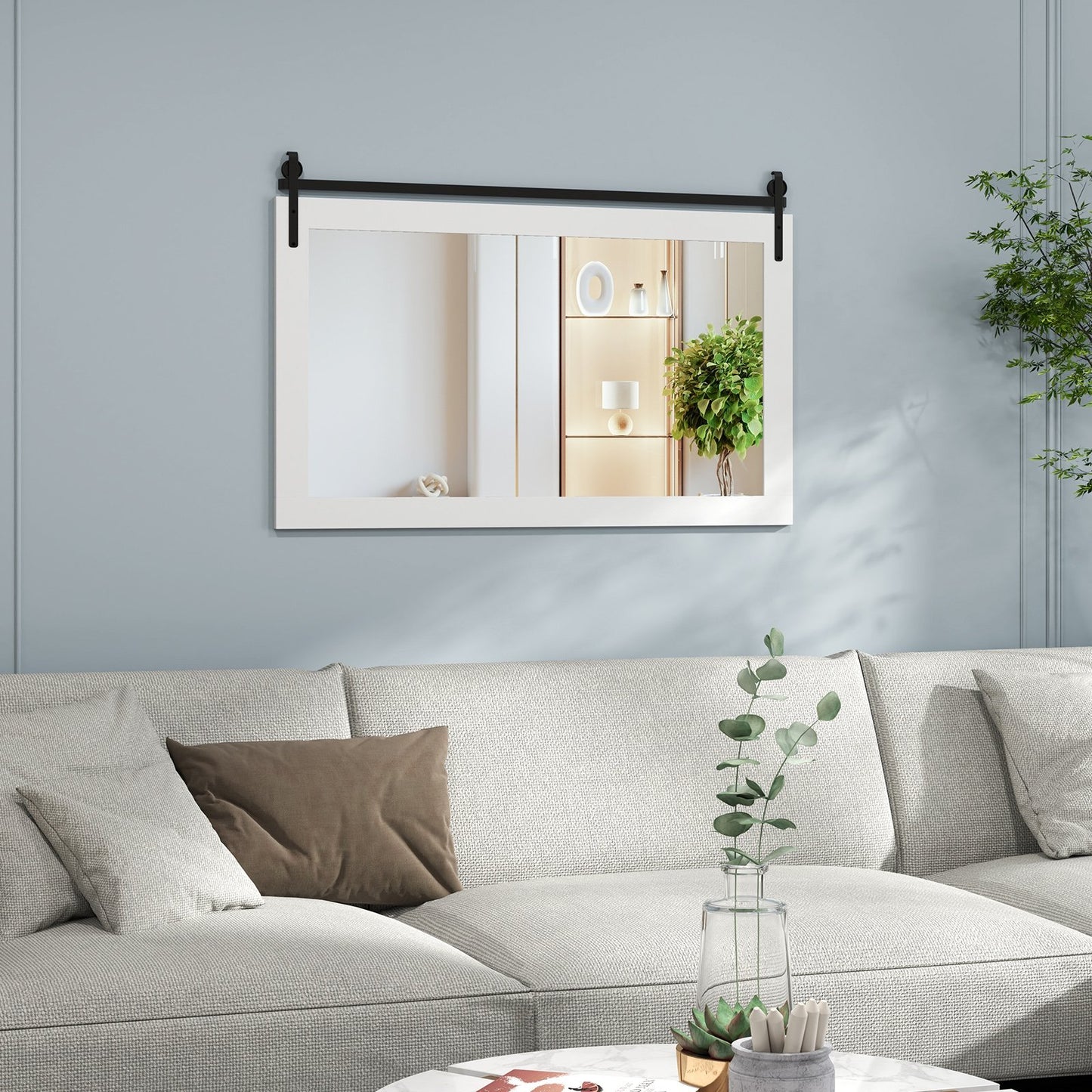 Rectangle Barn Door Style Wall Mounted Mirror with Solid Wood Frame-Black