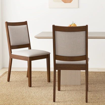 Set of two brown modern upholstered kitchen dining chairs with padded backrests, ideal for stylish and comfortable dining spaces.
