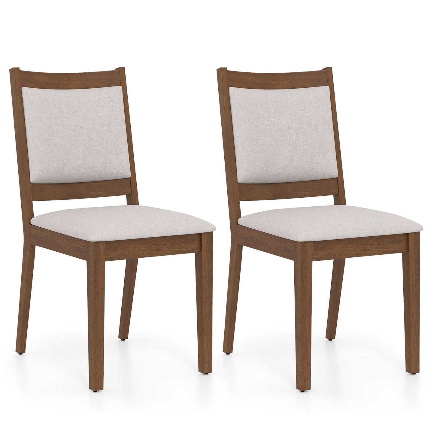Set of two brown modern upholstered kitchen dining chairs with padded backrests, stylish furniture from Wilsons Home Store.