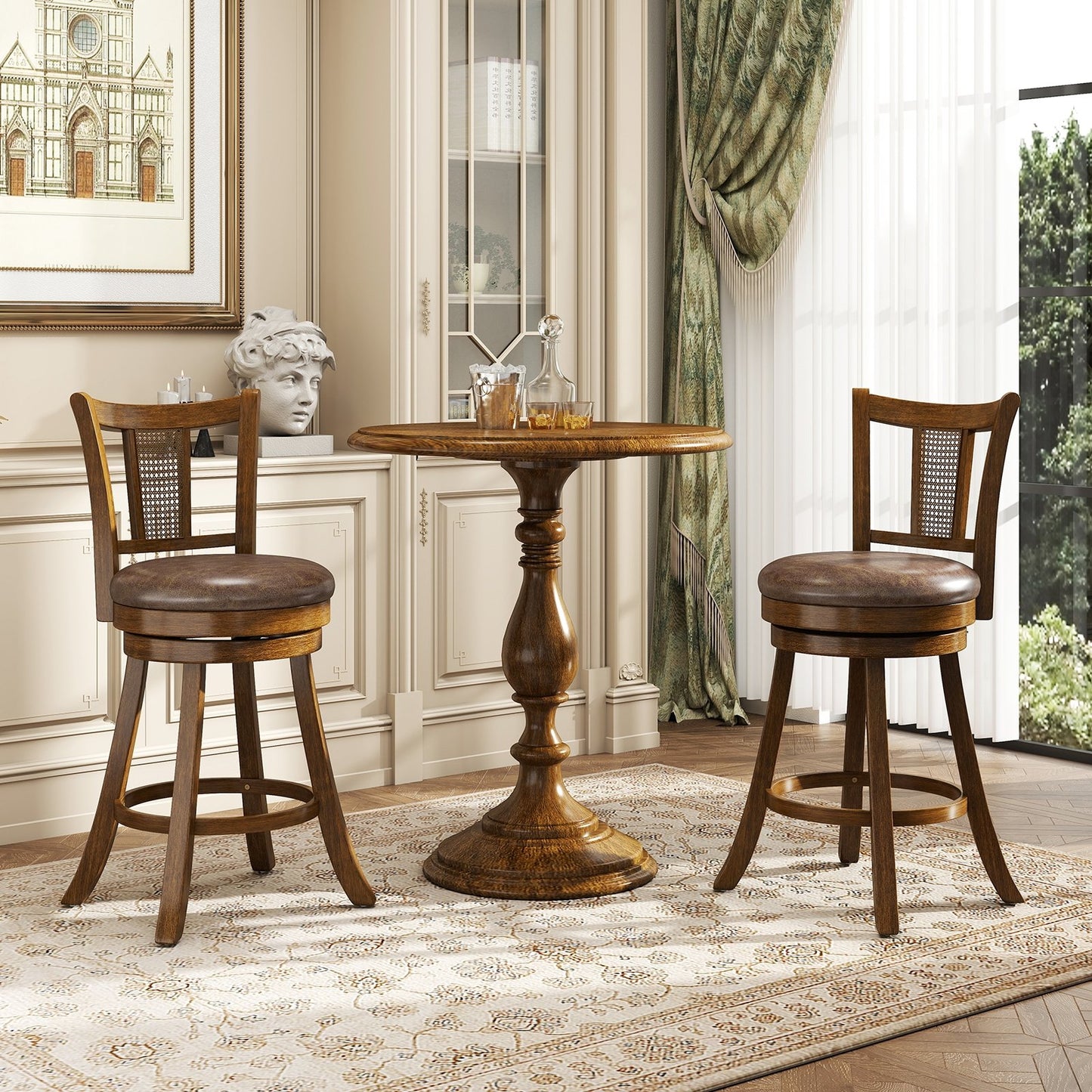 30 Inch Set of 2 Bar Stools with PE Rattan Backrest and Rubber Wood Frame-Brown