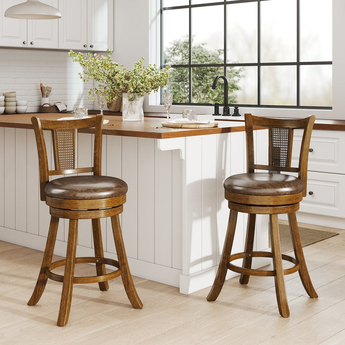 30 Inch Set of 2 Bar Stools with PE Rattan Backrest and Rubber Wood Frame-Brown