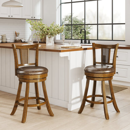 30 Inch Set of 2 Bar Stools with PE Rattan Backrest and Rubber Wood Frame-Brown